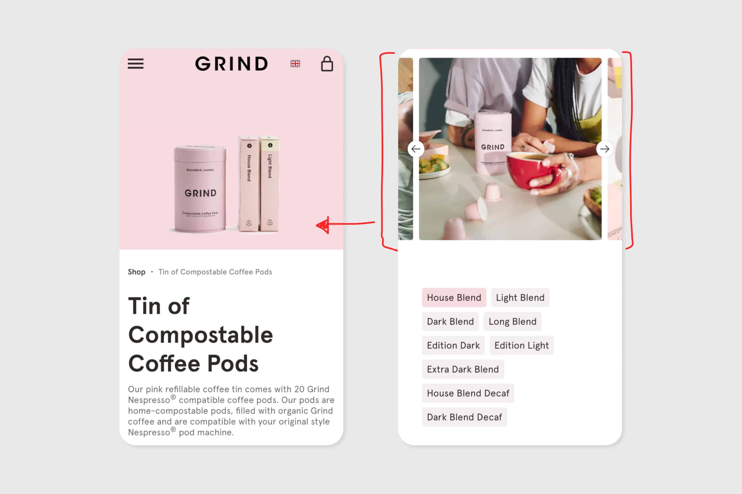 screen shot from the mobile grind coffee site