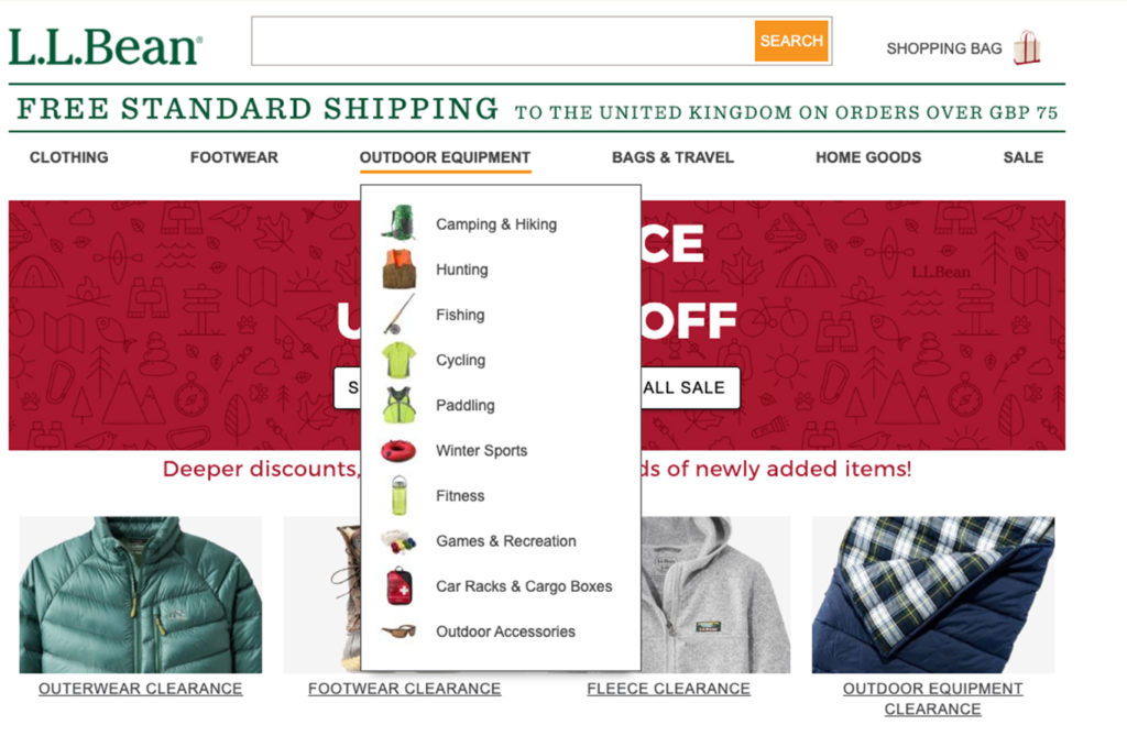 LL Bean drop down menu