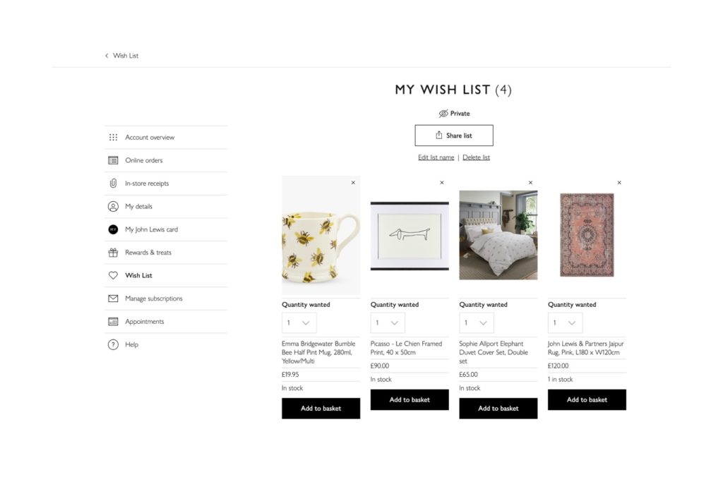 screen shot of ecommerce site product wishlist