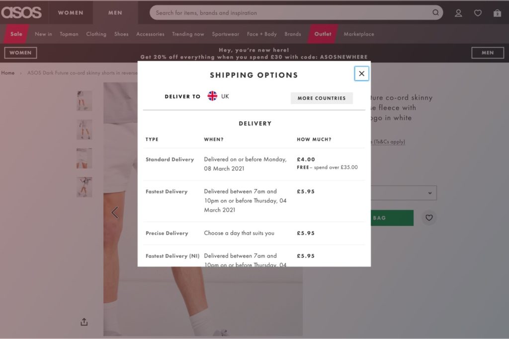 screen shot of shipping options for ecommerce site