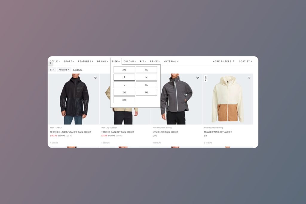 screen shot of product filtering by size on ecommerce website
