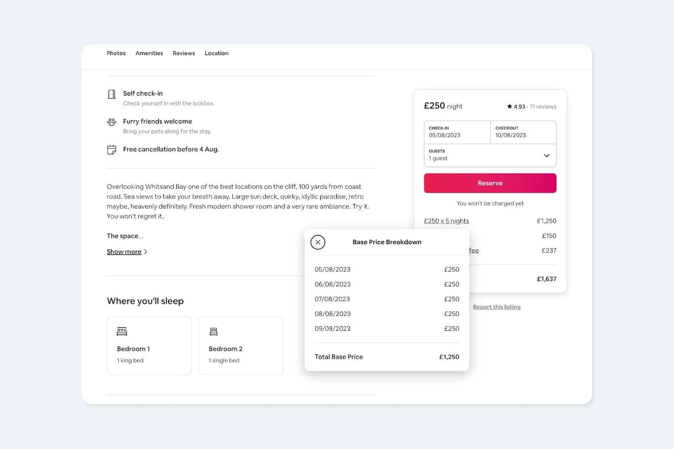 screen shot from the airbnb of a property page design