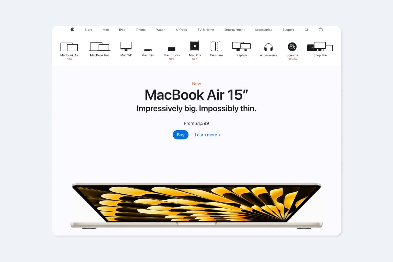 screenshot of the apple website navigation as an Ecommerce web design agency recommendation